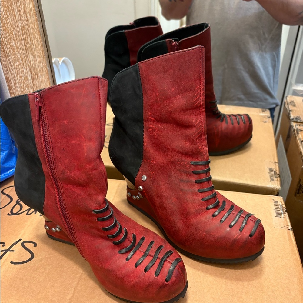 John Fluevog Red and Black Lace Up Boots